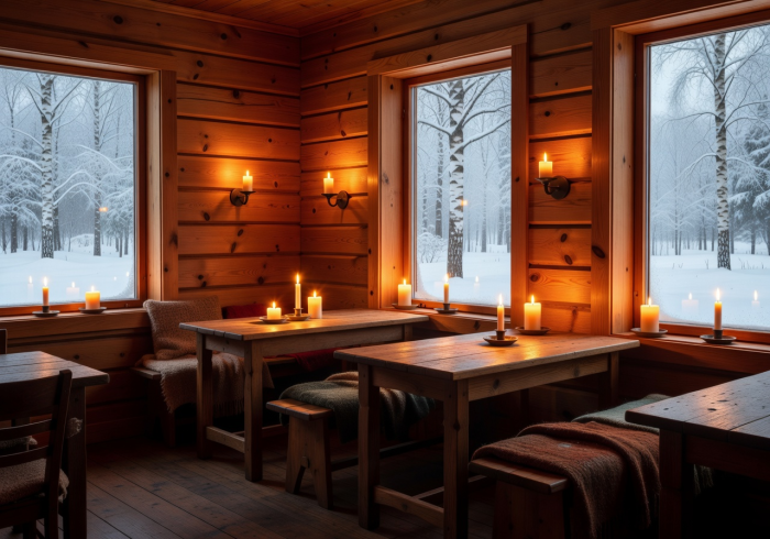 Cozy Finnish winter café with candlelight