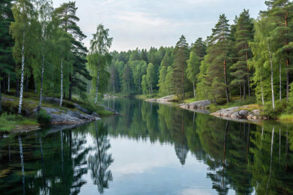 Finnish Lakeland landscape with pristine lake surrounded by birch and pine forests