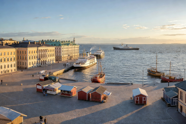 Helsinki harbor panorama with historic market square and Baltic Sea waterfront