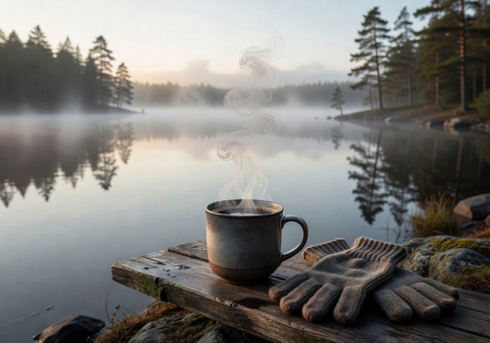 Morning coffee ritual by a misty Finnish lake with steam rising from a ceramic mug
