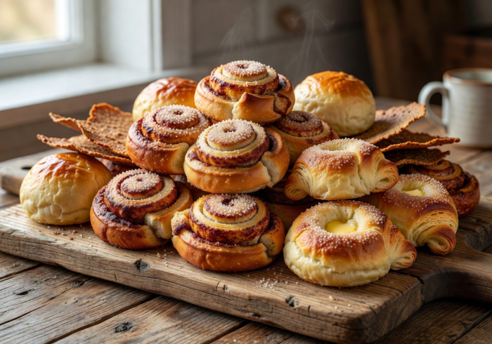Selection of traditional Finnish pastries including korvapuusti cinnamon rolls on a rustic wooden board