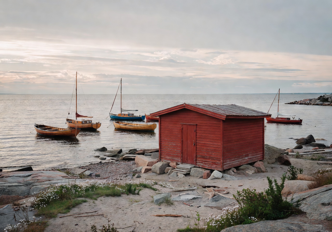 Café Regatta red cottage by Baltic Sea shore