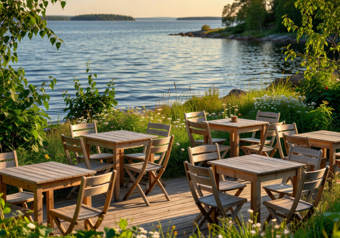 Summer terrace café by Finnish waterfront with wooden furniture and lush green surroundings