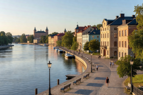 Turku Aura River view with historic buildings and riverside promenade